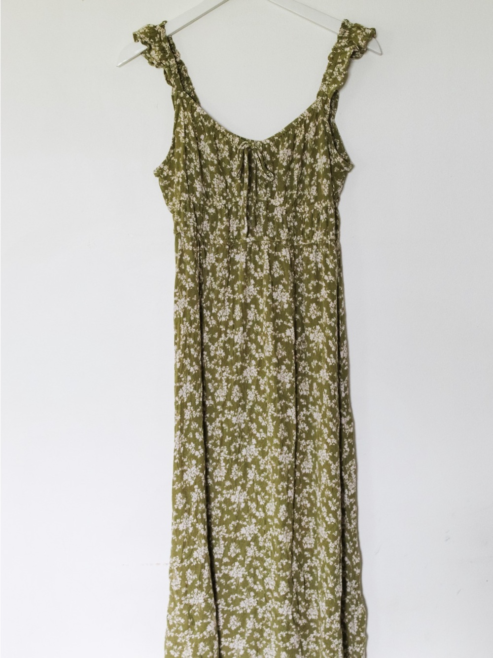Lush Olive Green Floral Maxi Dress with White Print